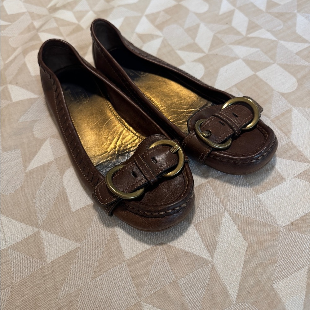 Coach Brown Leather Flats with Decorative Buckle